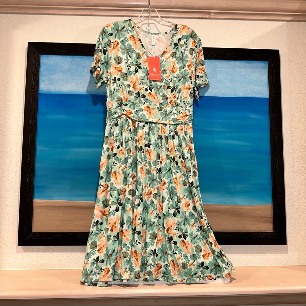 Floral Midi Dress in Orange and Green